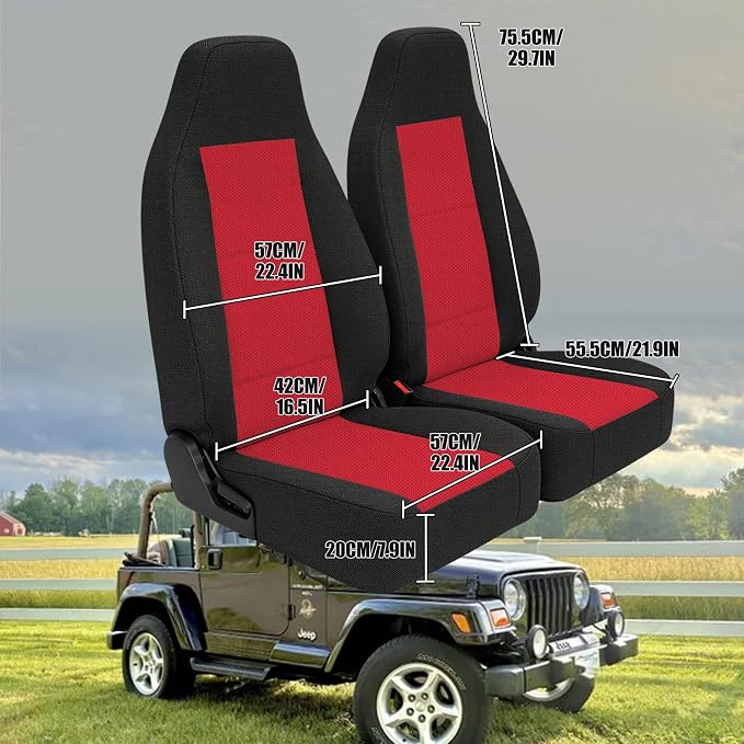 Custom Seat Covers for Jeep Wrangler TJ 1997 1998 1999 2000 2001 2002 Heavy Duty Cloth Protector Interior Accessories，Waterproof & Machine Washable, Foam Padded - Red（Front）