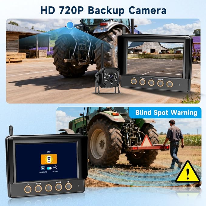 Wireless Backup Camera Kit with 7-Inch Monitor, IP68 Waterproof HD 720P IR Night Vision Rear View Camera for Tractor,Truck,Trailer,Wagon,Seeder,Excavator,Loader
