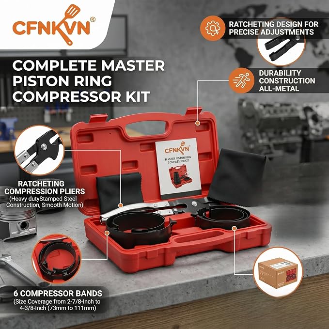 Master Piston Ring Compressor Kit and Piston Ring Compressor Tool with Ratcheting Pliers and 6 Bands (73mm-111mm) for Car, Truck, and Motorcycle Engine Rebuild