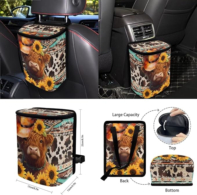 Aztec Tribal Highland Cattle Sunflower Pattern Front Rear Seats Prortector Steering Wheel Cover Seatbelt Pads Cup Coasters Keychain Trash Can 15 PCS Auto Acccessories Decor
