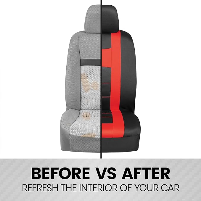 BDK carXS Forza Red Car Seat Covers Full Set, Two-Tone Front Seat Covers with Matching Back Seat Cover for Cars, PolyCloth Protectors with Split Bench Design, Automotive Interior Covers