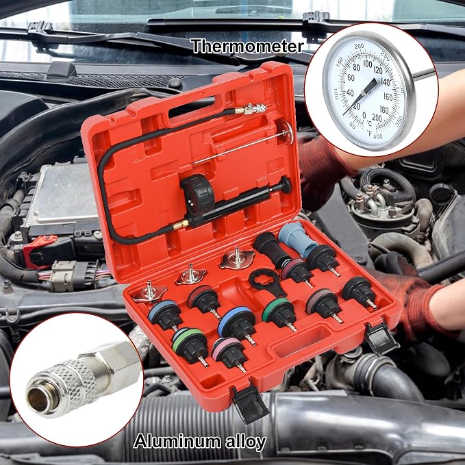 Radiator Pressure Leakage Tester Tool Kit，18pcs Cooling System Pressure Tester kit Automotive Radiator Pressure Tester for Motorcycle Car Truck, Red 1