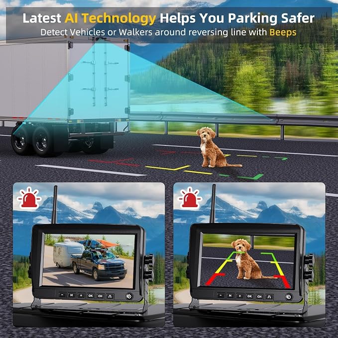 7" Wireless Backup Camer,Plug and Play,BSD,Pre-Wired for Furrion,6X Zoom | Stable Signal,150° Wide View,Long Life,Clear Night Vision,4-Channel Expandable for Truck Trailer SUV Small RV