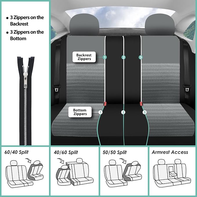 FH Group Car Seat Covers Trendy Elegance Three Row Car Seat Covers Set, Airbag Compatible and Split Ready, 8 Seater Covers-Universal Fit for Cars, Trucks & SUVs Gray/Black