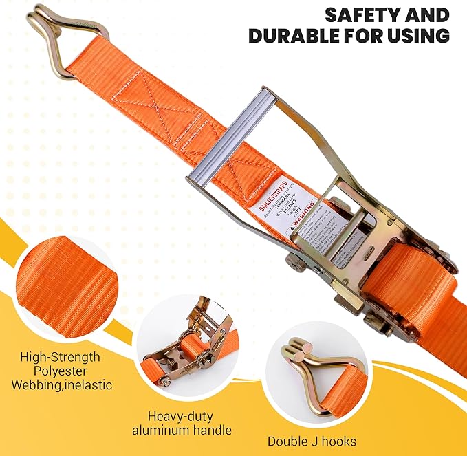 Heavy Duty Ratchet Straps, Corrosion-Resistant Ratchet & Fully Coated S Hooks - for Motorcycle Truck Cargo Tie Downs, 2" x 20ft - 4-Pack (Orange)