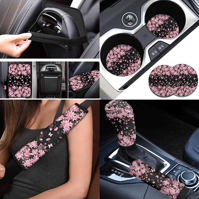 BIGCARJOB Cherry Blossom Car Seat Cover Set for Women Auto Interior Accessories Pink Flower Print Car Seat Protective Universal Steering Wheel Covers Armrest Pads,Universal Fit