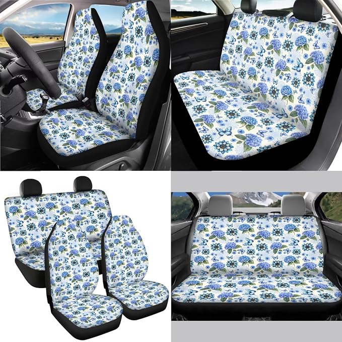 Hydrangea Boho Mandala Butterfly Pattern Car Seat Covers Full Set, 13 Pieces Car Accessories with 1 Steering Wheel Cover, 4 Seat Belt Covers and 4 Waterproof Coasters Universal Fit for SUV