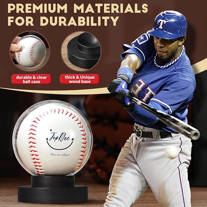 JupDec Baseball Display Case, Round Clear Ball Holder with Wooden Base, Autograph Baseball Stand Box for Single Ball, Acacia Wood, Black