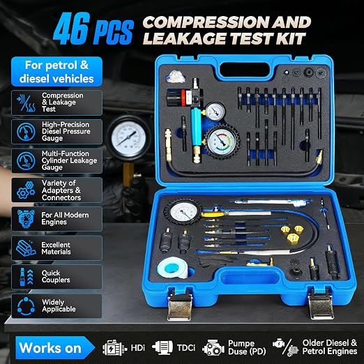Diesel Compression Tester Kit 47pcs Petrol & Diesel Engine Compression Tester Small Engine Cylinder Leak Down Tester with Compression Gauge, Leak Detector, Gloves, for HDI/TDCi/Pumpe Duse Engine