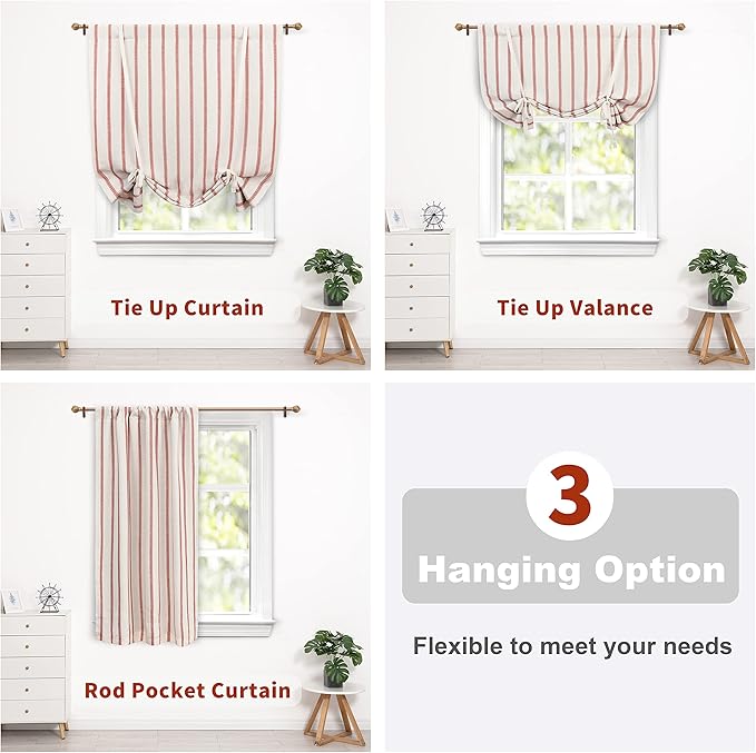 DriftAway Farmhouse Double Layer Linen Blackout Tie Up Curtains Thermal Insulated Vertical Striped Fully Lined Balloon Roman Shade Bathroom Window Adjustable Rod Pocket 45 Inch by 63 Inch Red