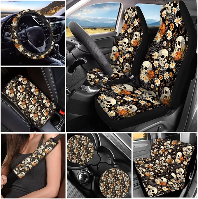 Skull Spider Web 13 Pcs Car Seat Covers with Steering Wheel Cover,Seat Belt Covers Cup Holder with Keychain Automotive Protector Set Unverisal Fit Cars SUV