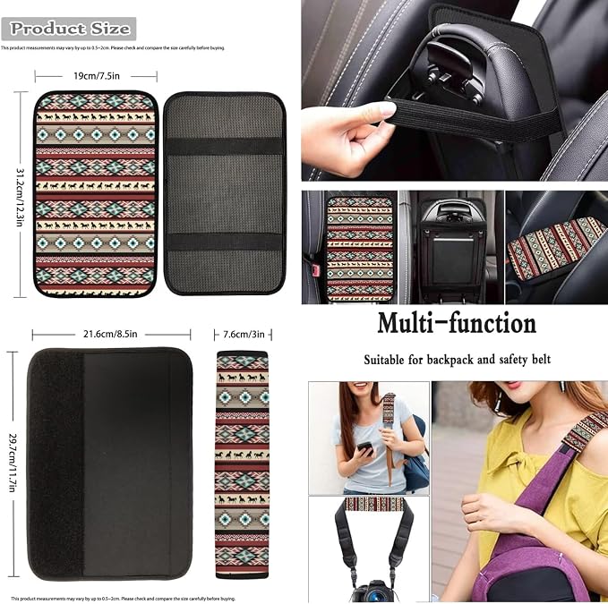 Dreaweet Aztec Ethnic Tribal Horse Car Seat Covers Full Set 12 Pcs Car Accessories,Steering Wheel Cover/Armrest Cover/Seatbelt Covers/Cup Coasters/Gear Shift Cover/Handbrake Cover,Universal Fit