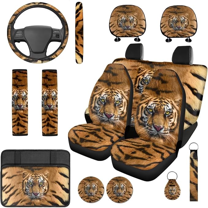 Bulopur Tiger Print Automotive Seat Covers Full Set with Car 15 Inch Steering Wheel Cover Elastic Armrest Cushion Pad Vehicle Seat Belt Cushion Pad Keychain Auto Interior Accessories Set 14 Piece