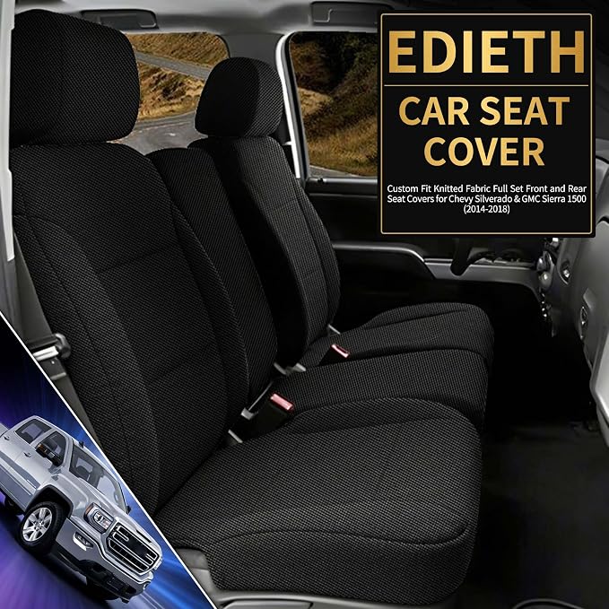 Seat Covers for Chevy Silverado & GMC Sierra 1500 2014 2015 2016 2017 2018 Front Foam Padded Heavy-Duty Automotive Seat Cover Set - Black
