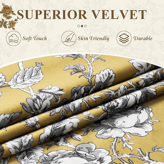 StangH Mustard Yellow Floral Velvet Curtains, Retro Classic Rose Patterned Drapes with Privacy Thermal Insulated Neoclassical Style Decor for Home Office, W52 x L96, 2 Panels