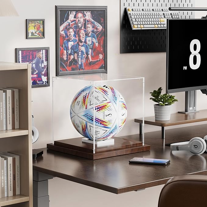 VGMiu Soccer Ball Display Case with Wood Base, Clear Acrylic Display Case Soccer Box with Removable Built-in Ball Holder for Autographed Balls, Sports Collectibles, Memorabilia Displays