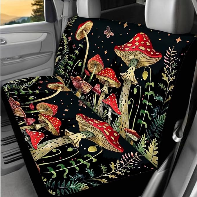 BIGCARJOB Mushroom Car Seat Cover Full Set 15 Pieces Mushroom Print Car Interior Accessories Set with Universal Steering Wheel Cover Car Trash Can Hanging Seat Headrest Covers