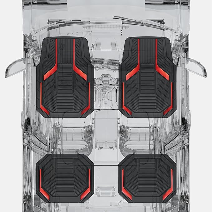 PIC AUTO Heavy Duty Rubber Floor Mats, Red Aluminum Film Car Mats Set, Front and Rear Car Mats with Anti-Slip Backing, All Weather Protection, Trim-to-Fit for Automotive SUV, Sedan, Van