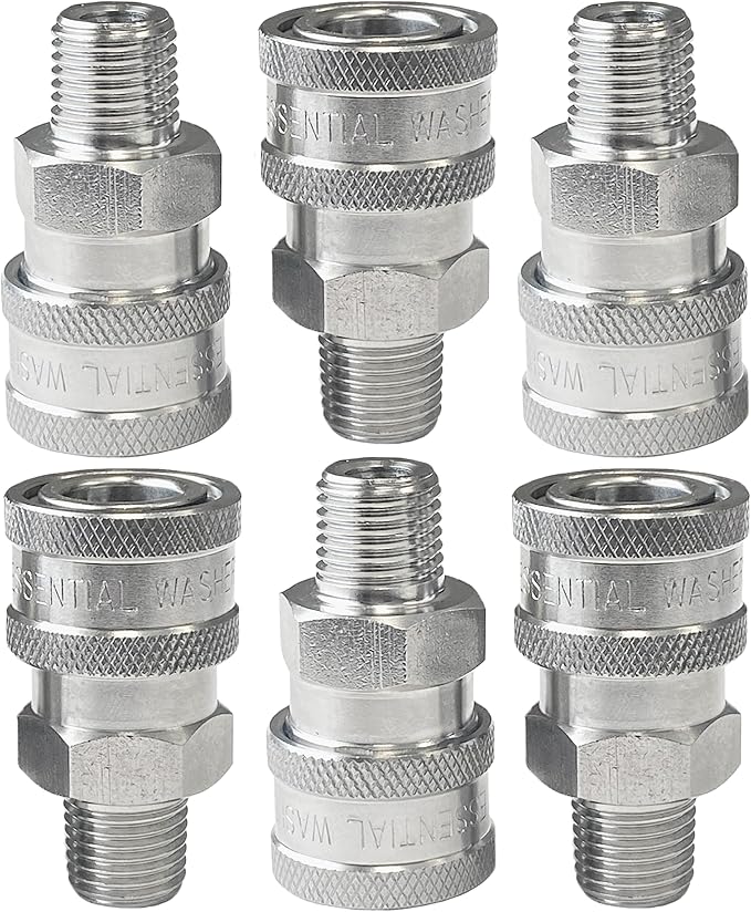 Essential Washer Stainless Steel ¼” Quick Connect Male NPT | Pressure Washer Quick Connect Fittings | 5000 PSI | Set Of 6