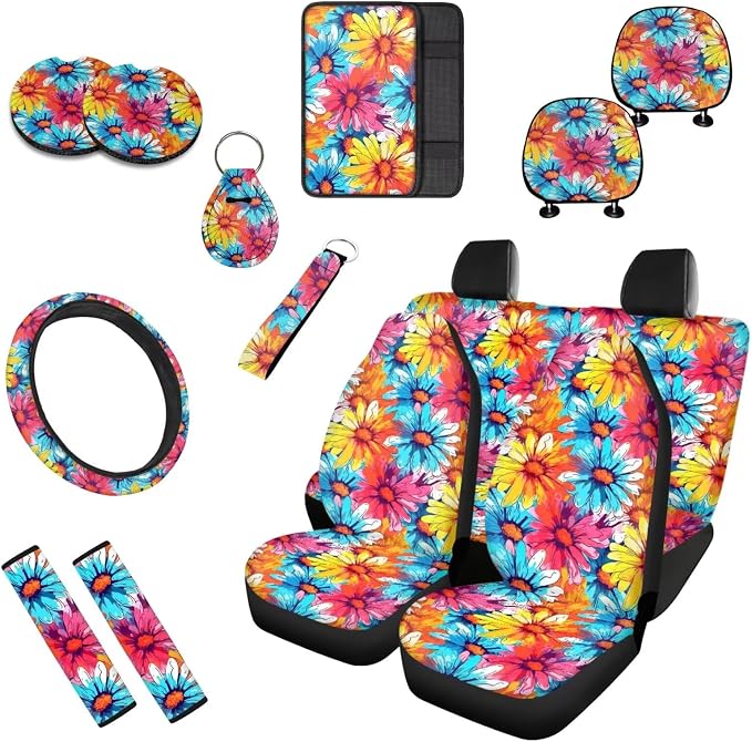 Boho Cosmos 13 Piece Car Seat Covers Hippy Rainbow Cosmos Flower Painting Steering Wheel Cover Pink Gradient Daisy Flower Cup Coasters Seat Belt Pads Cover