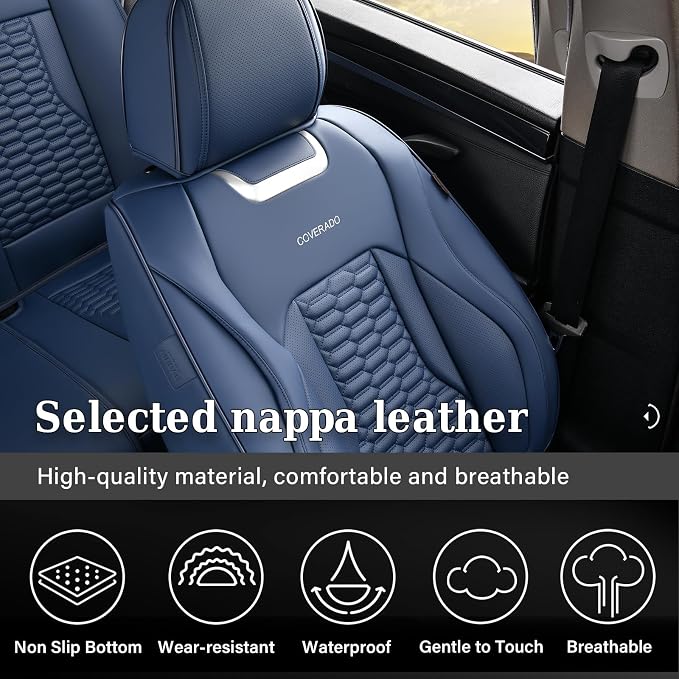 Coverado Car Seat Covers Full Set, 5 Seats Seat Covers for Cars, Nappa Leather Waterproof Car Seat Covers Automotive Seat Covers Interior Accessories Universal Fit Most Cars(Blue)