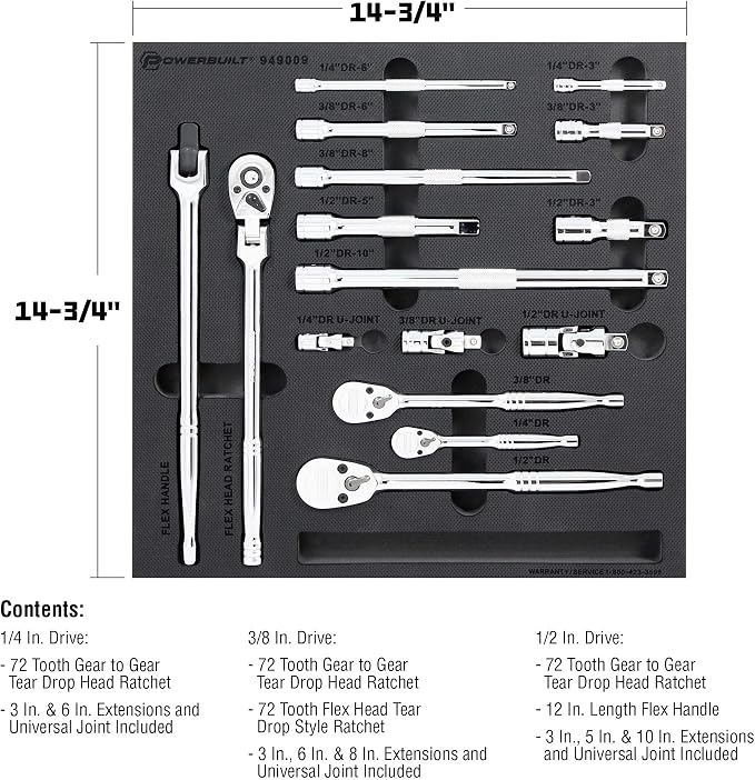 Powerbuilt Master Ratchet and Accessories Set, 16 Piece, 1/4, 3/8, and 1/2 Inch Drive Tools, Extension Bars, Universal Joints, Storage Tray - 949009