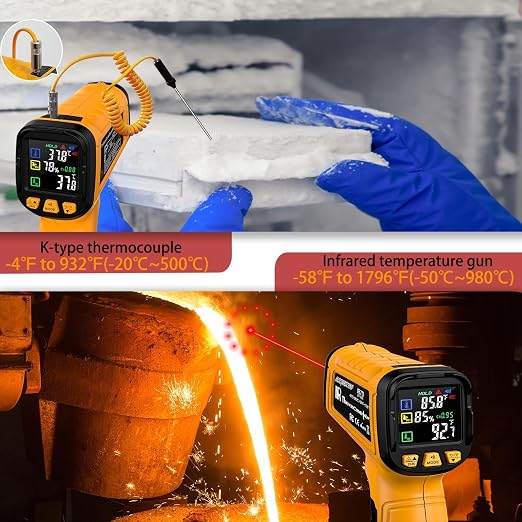 50:1 Infrared Thermometer Gun, -58°F to 1796°F, K-Type Probe | Surface & Internal Temperature Measurement • Humidity Display • HVAC & Equipment Diagnostics