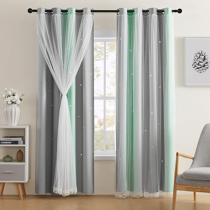 XiDi Green Grey Curtains for Girls Bedroom Decor Kids Blackout Curtains for Nursery Room Darkening Rainbow Princess Unicorn Wall Decals Little Girl Grommet Top 34x63 Inches Long 2 Panels Set