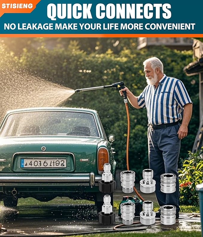 M22-14mm Pressure Washer Quick Connect Kit, M22 Swivel to 3/8" Quick Connect, 3/4" to Quick Release, Pressure Washer Adapter for Garden Hose and Power Washer Systems