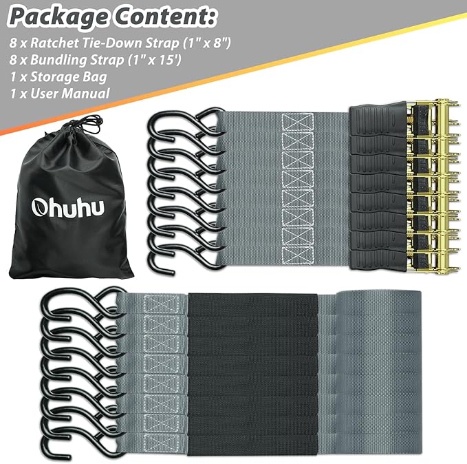 Ohuhu Ratchet Tie Down Strap 15 Ft - 500 lbs Load Cap with 1500 lbs Breaking Limit, Ratchet Tie Downs Logistic Cargo Straps for Moving Appliances, Motorcycle (Grey, 8-Pack)