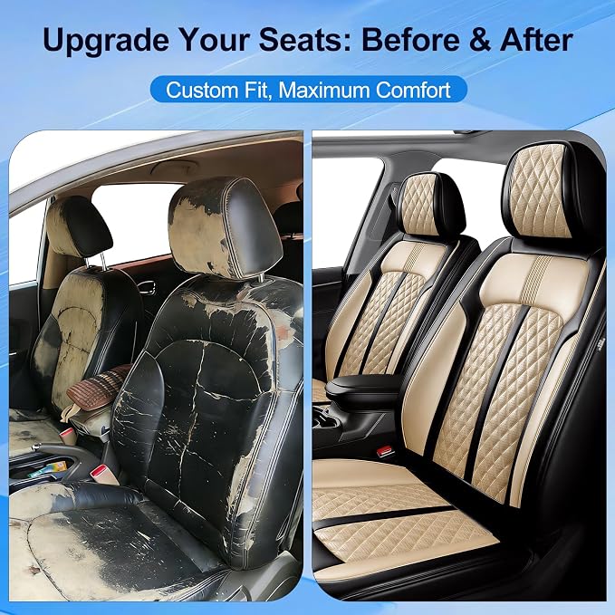 Fit Lacrosse Car Seat Covers for Select Buick Lacrosse 2005-2019 - Premium Full Coverage Leather, Airbag Compatible, Waterproof & All Weather Seat Cushion Protector, Front Pair Black+Beige