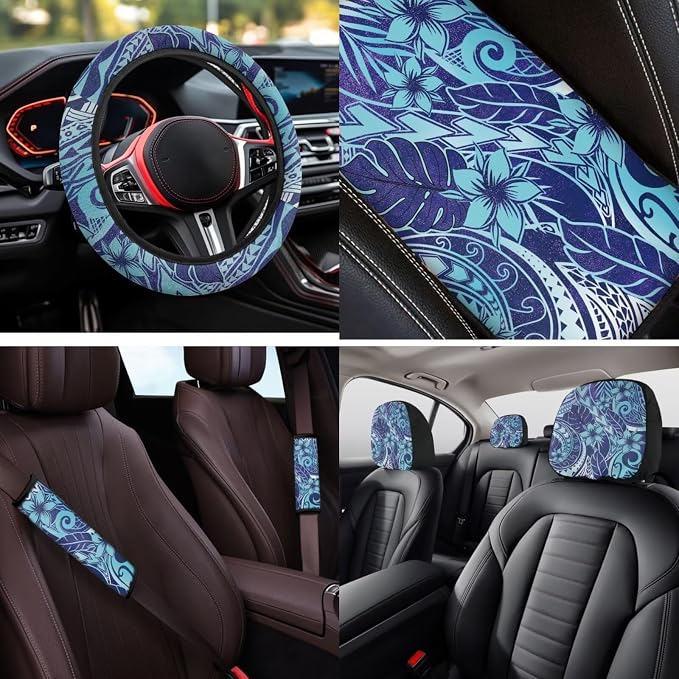 Bulopur Polynesia Frangipani Floral Auto Seat Covers Full Set with Matching Steering Wheel Cover Automotive Center Console Cover Vehicle Seat Belt Cushion Pads Headrest Covers Car Interior Decor