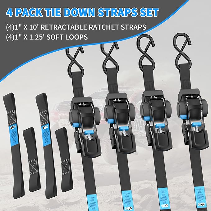 CARTMAN 4-Pack Retractable Ratchet Straps, 1” x 10’ 1500lbs Break Strength, Heavy Duty Tie Down Straps with Soft Loops, Ideal for Trucks, Trailers & Cargo