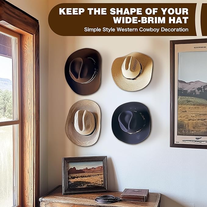 Cowboy Hat Rack for Wall, 4 Pack Hat Hooks with Non-Damage Brim Design, Rustic Wood Hats Hanger to Keep Original Shape of Hats, Hat Holder for Home, Closet, Entryway, Cabin, Western Room(Natural Wood)