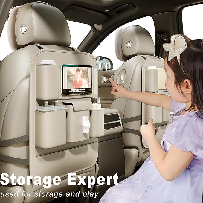 GMQ Backseat Car Organizer with Touch Screen,Protectors Kick Mats Travel Accessories for Kids,Multifunctional Seat Back Organizer Car Travel Organizer Accessories (Beige, 1PC)
