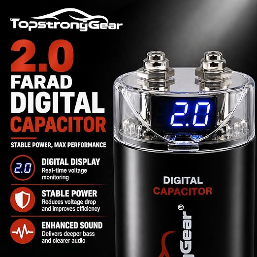 TOPSTRONGGEAR 2 Farad Digital Power Capacitor for Car Audio System, Performance Car Audio Capacitors with LED Digital Display, Voltage Readout, Surge Protection, Mounting Hardware, 12V/24V Compatible