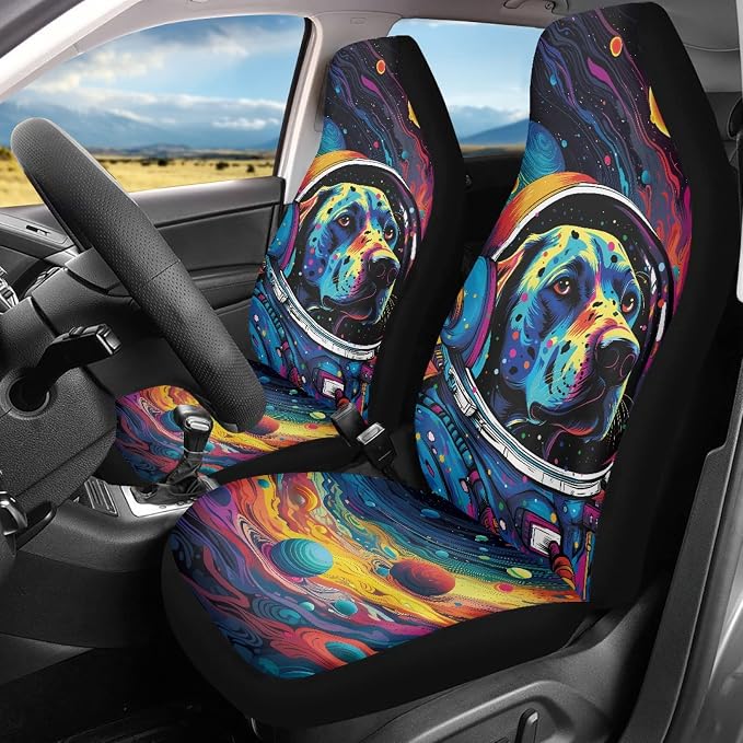 Howilath Psychedelic Astronaut Labrador 10pcs Car Front Seat Covers/Steering Wheel Cover/Seatbelt Pads/Keychain/Armrest Cushion/Coasters Vehicle Seat Protector Accessories