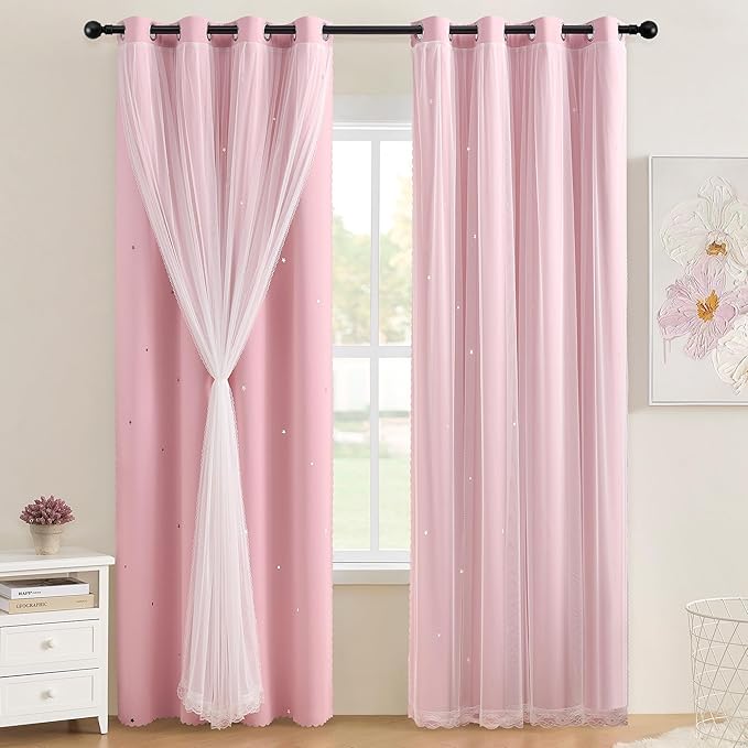XiDi Light Pink Blackout Curtains for Girls Bedroom 90 Inches Long 2 Panels, Thermal Insulated Room Darkening Drapes for Nursery Living Room Grommet Top Noise Reducing Hollow Star Curtains W34 x L90