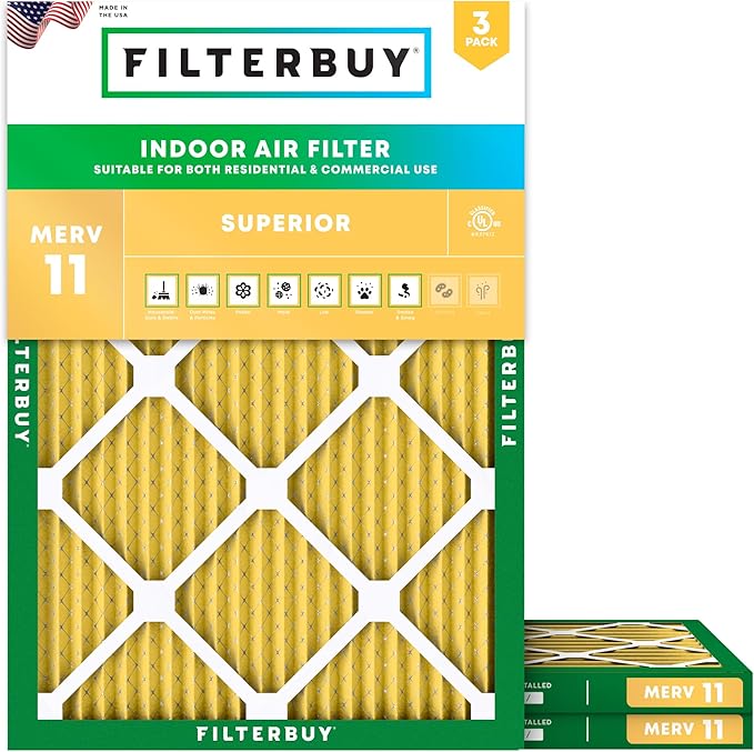 Filterbuy 10x16x1 Air Filter MERV 11 Superior Pet & Allergy Defense (3-Pack), Electrostatic Pleated HVAC AC Furnace Filters Replacement (Actual Size: 9.50 x 15.50 x 0.75)