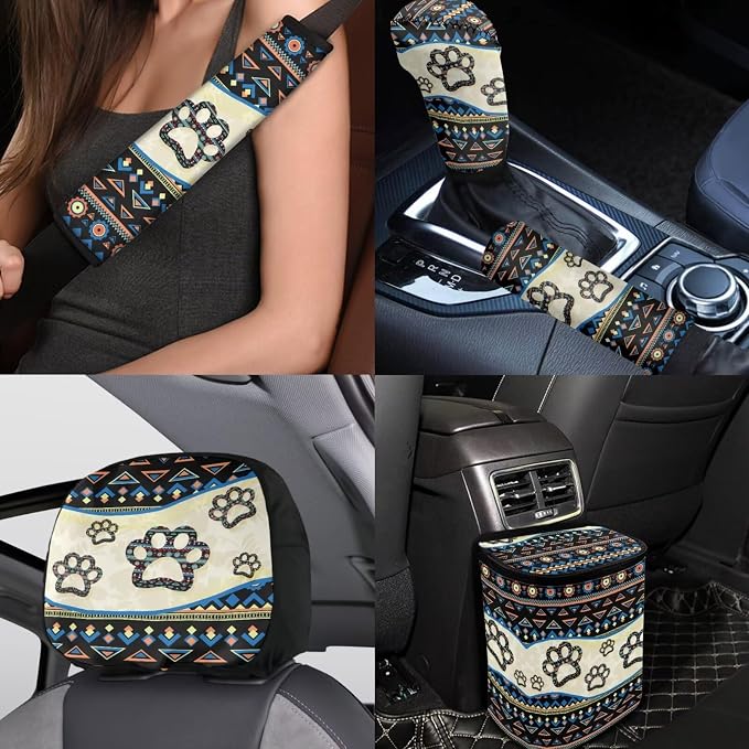 BIGCARJOB 15 Pack Southwest Tribal Paw Car Seat Cover Full Set Auto Seat Headrest Cover Universal Steering Wheel Cover Car Trash Can Hanging Automotive Interior Sets