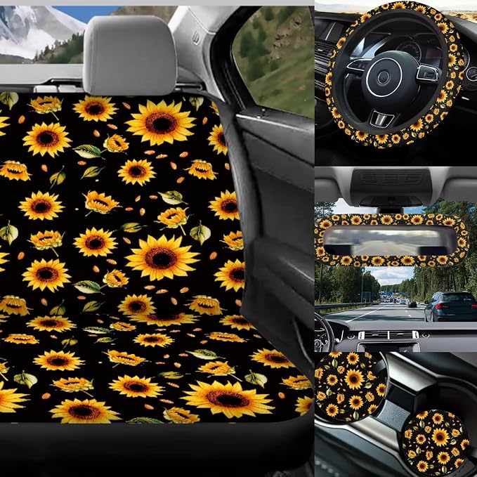 Sunflowers Car Seat Covers Full Set 17 Pack,Sunflower Car Aaccessories for Women Automotive Seat Head Rest Protector for Auto Front Seat Rest Decoration Soft Seat Belt Shoulder Pad
