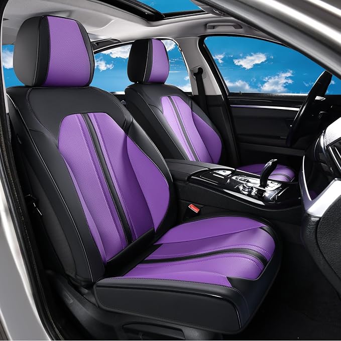 Huidasource Front Car Seat Cover, Luxury Faux Leather Leather Front Seat Covers, Compatible with Airbags, Seatbelt Buckles, Cooling＆Heating, Universal Fit for Most Cars Vans Trucks SUVs, Black＆Purple