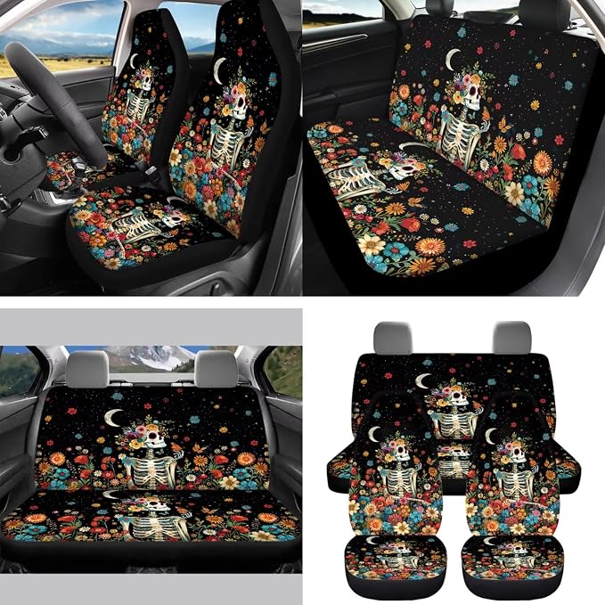 Moon Skeleton 15Pcs Car Seat Cover Full Set Car Steering Wheel Cover Seat Belt Cover Trash Bin Front Rear View Mirror Car Cup Holder Keychain