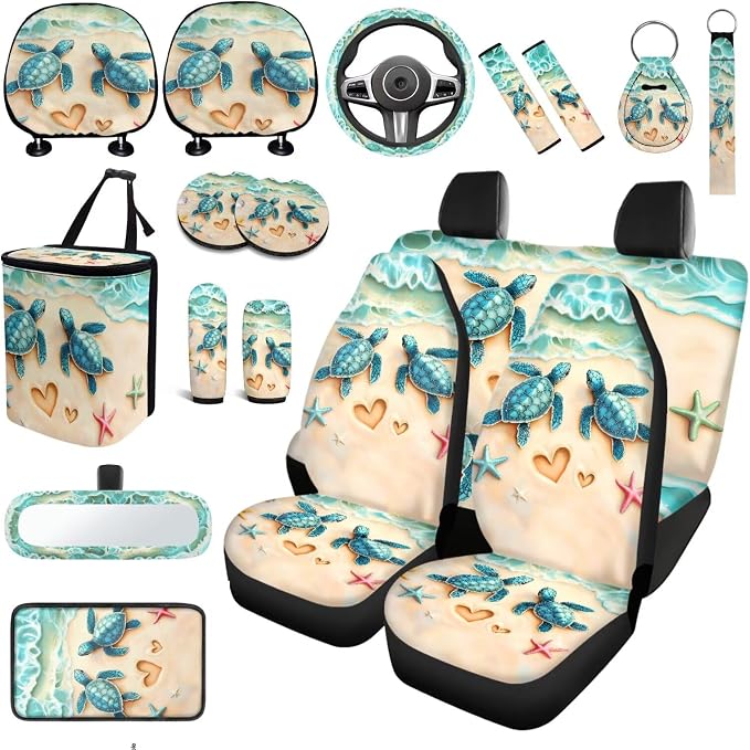 Beach Sea Turtl Car Seat Covers Full Sets 18 Pack Universal Car Interior Accessories Sets Sea Turtle Steering Wheel Car Covers Anti Slip Cute Car Trash Can Car Headrest Covers Seat Belt Cover