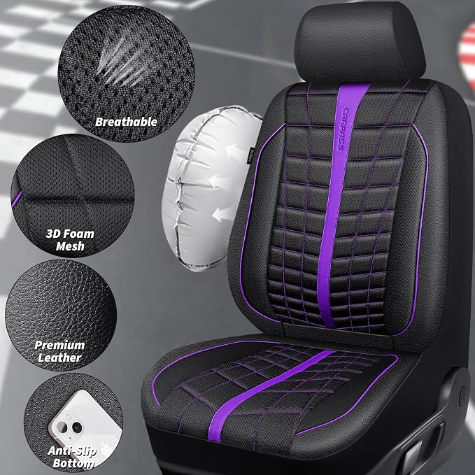 CAR PASS 3D Foam Mesh Leather Car Seat Covers Full Set, Breathable Premium Leather Seat Covers for Car,Anti Slip Universal Fit for Trucks Cars Sedans Vans SUVs, Airbag Compatible, Black Purple