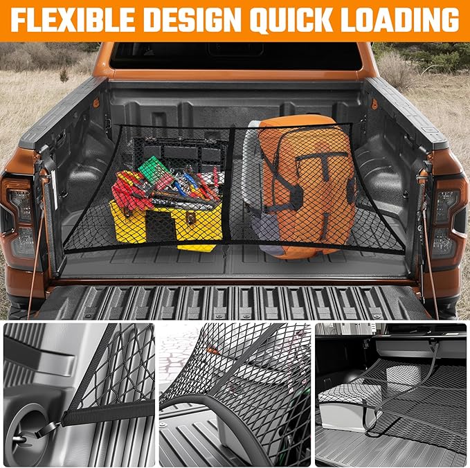 Truck Bed Mat and Net Compatible with 2024-2025 Ford Ranger 5FT Truck Bed Replacement, Truck Net TPE Cargo Bed Liner All Weather Cargo Mat for Ford Ranger Accessories