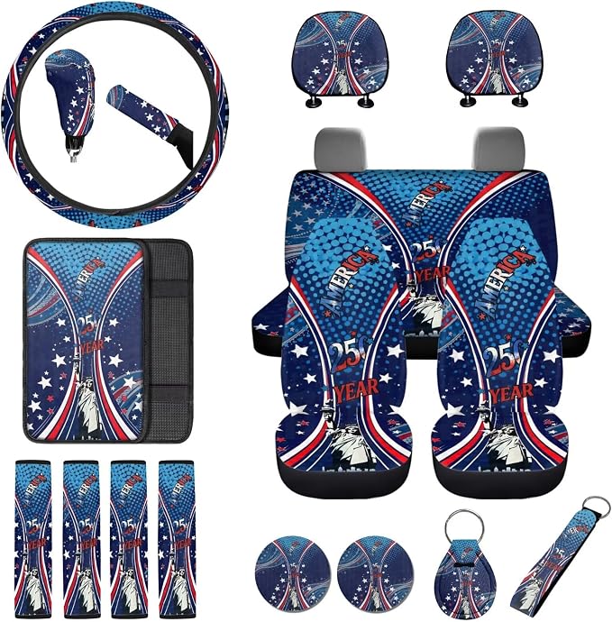 Statue of Liberty Print Car Seat Covers Front and Back Full Set 250 Year Decorative Headrest Covers Steering Wheel Cover Safety Belt Pads Armrest Cushion and Cup Coasters