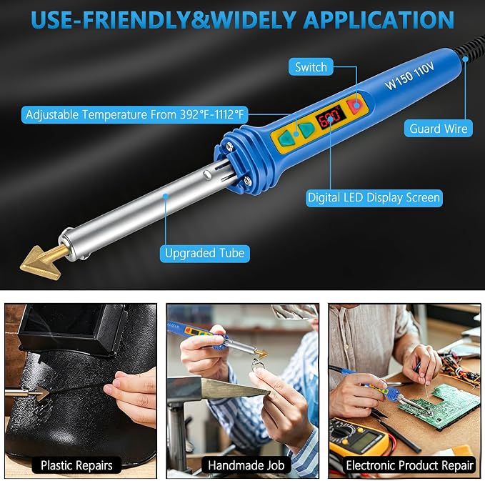 GNI Upgraded 150W LED Digital Adjustable Temperature Plastic Welder | 106PCS Welding Rods Repair Kit, 4 Tips 3 IN 1 Soldering Iron Kit, Plastic Welding Kit for DIY/Bumper Kayaks