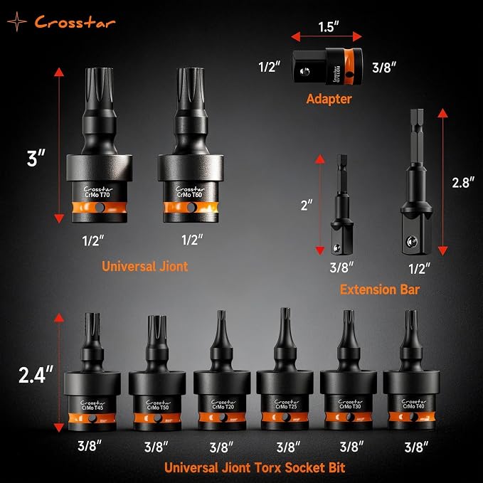 Crosstar 3-Piece T30 Impact Torx Bit Swivel Socket Set, 3/8" Drive CR-MO Wobble Star Sockets with Spring Shock Absorption, Professional Mechanic Tools for Tight Spaces & High-Torque Applications