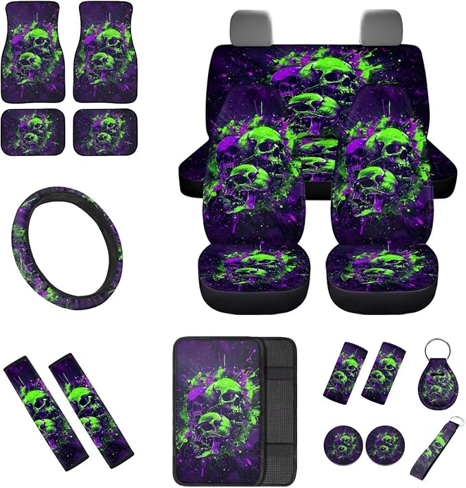 Halloween Ink Skull Car Interior Accessories Set of 18, Car Seat Covers Full Set with Auto Steering Wheel Cover Floor Mats Seat Belt Pads Armrest Pad Handle Wraps Keychains Cup Coasters